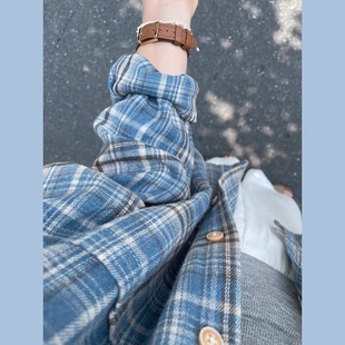 蓝色格子衬衫外套女早春季小个子150法式衬衣休闲宽松长袖上衣xs