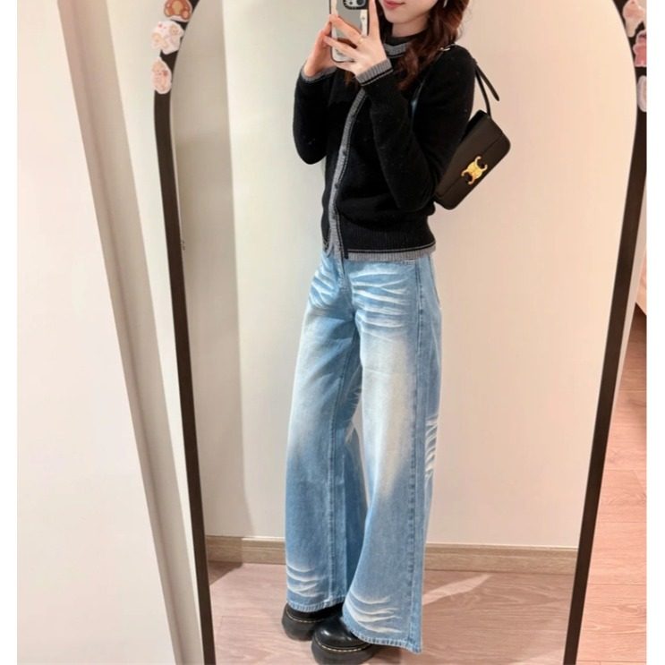 小个子美式宽松阔腿牛仔裤百搭设计感145CM高腰显瘦直筒拖地裤XS