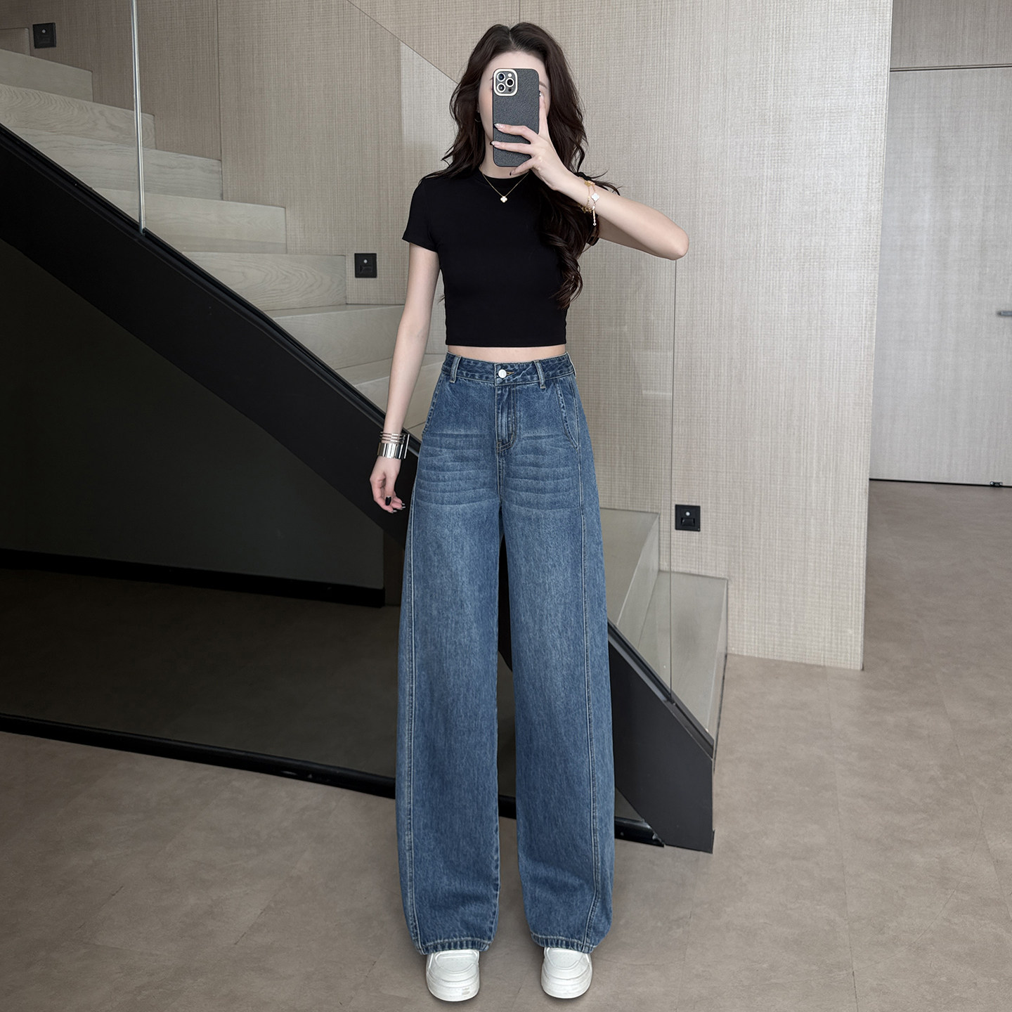 显高穿搭小个子牛仔宽松弯刀裤150CM显高高腰复古显瘦直筒阔腿裤