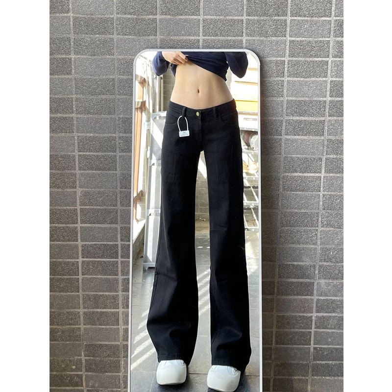 小个子美式辣妹黑色低腰微喇牛仔裤145CM高腰直筒宽松喇叭拖地裤