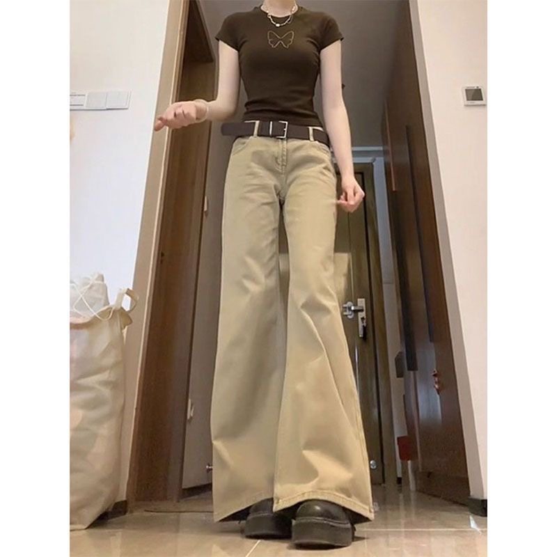 小个子卡其色美式休闲微喇牛仔裤设计感150显高低腰喇叭阔腿长裤