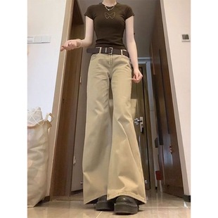 小个子卡其色美式休闲微喇牛仔裤设计感150显高低腰喇叭阔腿长裤