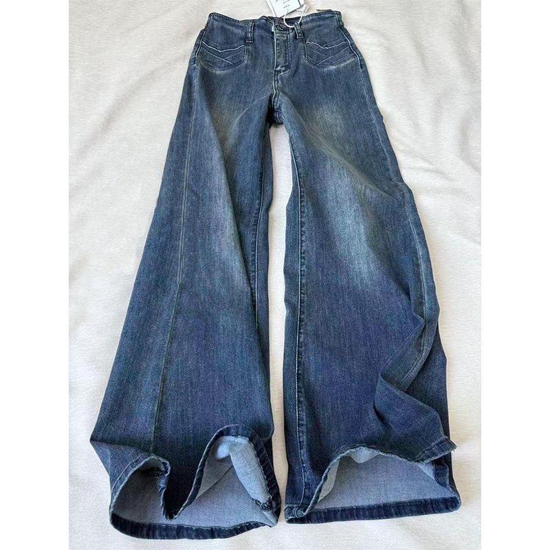 显瘦穿搭小个子美式复古水洗阔腿微喇牛仔裤高腰弹力喇叭拖地裤XS