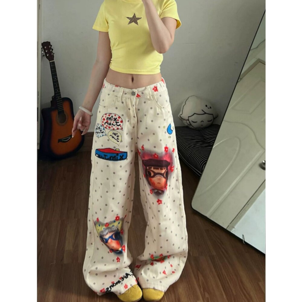 小个子小众涂鸦美式波点牛仔裤彩绘数码打印设计感休闲直筒裤夏季
