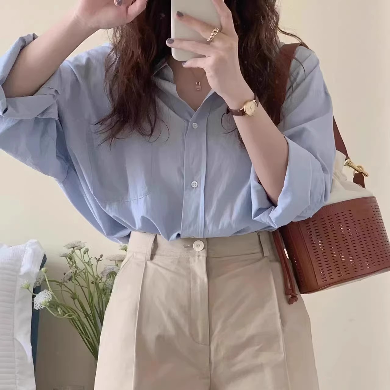 150小个子蓝色防晒衬衫女夏季设计感宽松薄款长袖开衫上衣外套xs