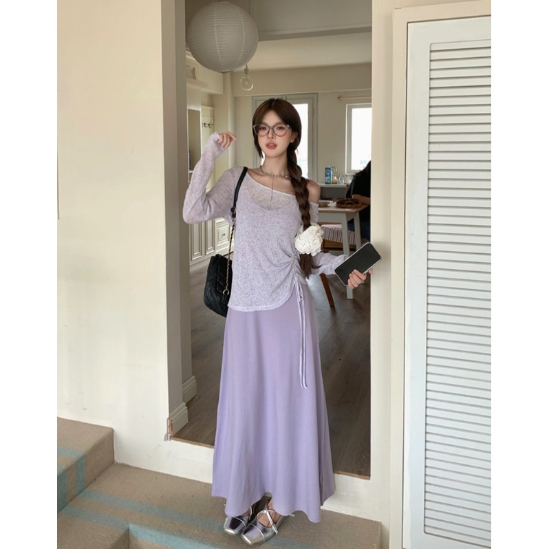 小个子150cm紫色吊带连衣裙薄款露肩防晒罩衫两件套装女夏新款xs