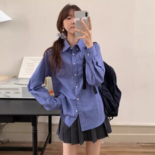 早春小个子韩系慵懒风蓝色格子衬衫150CM外套薄款衬衣长袖上衣XS