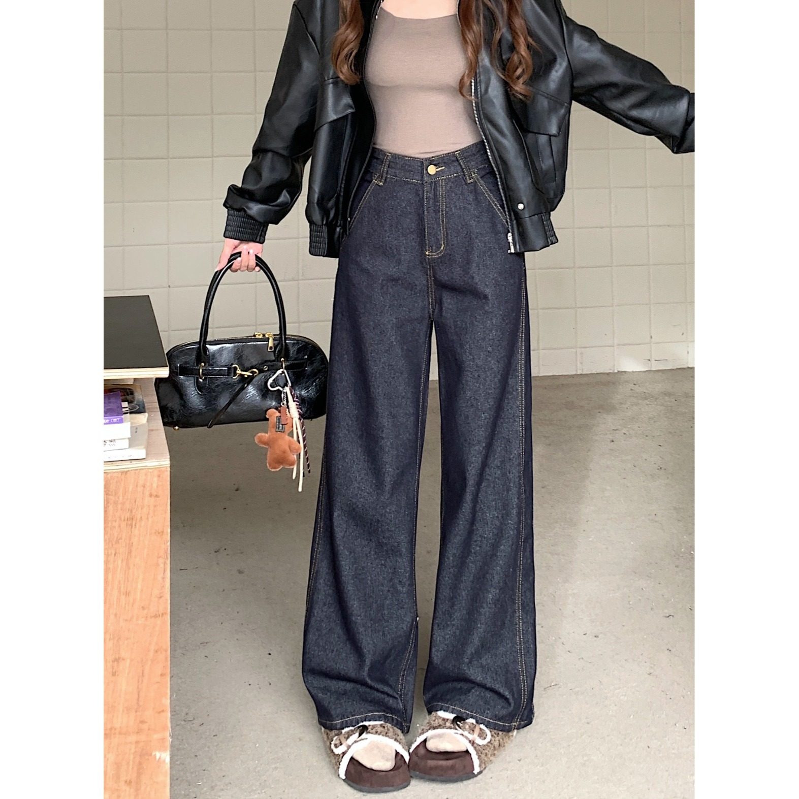 小个子深蓝色复古直筒牛仔裤设计感150高腰显高宽松阔腿拖地长裤