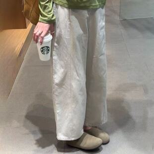 矮个子日系米白色九分休闲裤宽松150CM显高高腰阔腿弯刀哈伦裤xxs