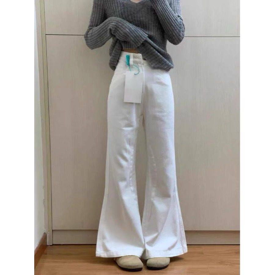 小个子白色微喇牛仔裤百搭145CM显高高腰阔腿宽松显瘦直筒喇叭裤