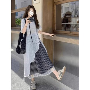 145小个子叠穿套装 格子半身裙xs夏 150镂空高级感蕾丝不规则上衣