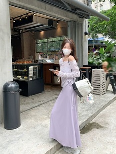 145小个子紫色吊带连衣裙薄款露肩防晒罩衫小码两件套女夏新款xs