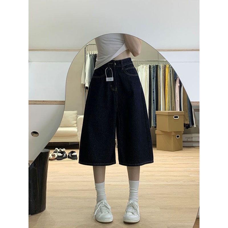 小个子美式复古深蓝色阔腿牛仔短裤145cm高腰宽松显瘦七分中裤XS