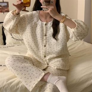 小个子冬季新款夹棉圆领碎花开衫睡衣女150简约韩版家居服套装xs