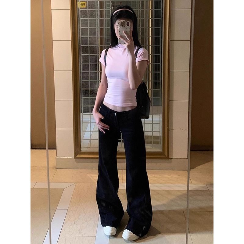 小个子黑色显瘦微喇牛仔裤百搭145CM低腰直筒拖地喇叭裤九分长裤