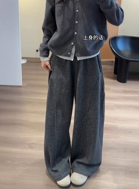 小个子灰色卫裤毛呢弯刀阔腿裤145CM高腰休闲裤宽松百搭梧桐裤潮