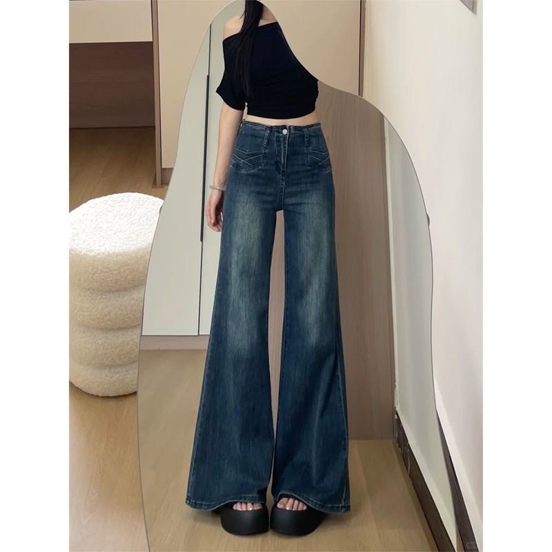 小个子美式复古宽松微喇牛仔裤设计感145显高高腰弹力喇叭阔腿裤