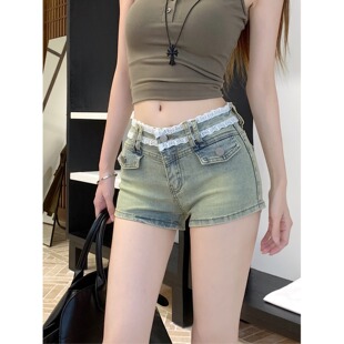 小个子蕾丝拼接紧身牛仔超短裤显瘦穿搭145低腰辣妹直筒包臀热裤