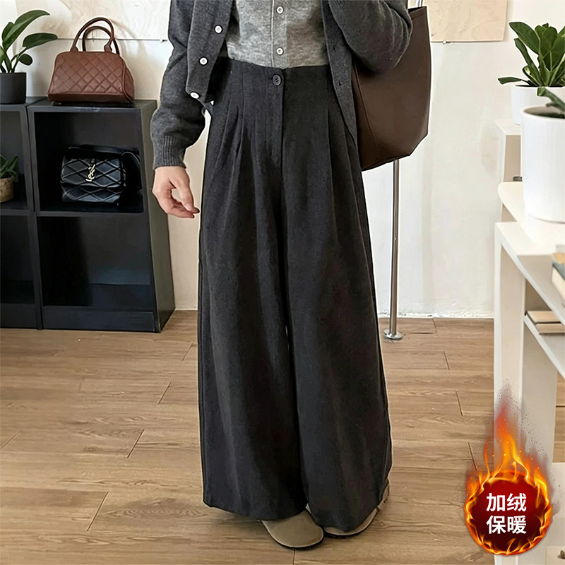 小个子深灰色毛呢休闲裤西装阔腿裤150cm复古高腰垂感宽松直筒裤