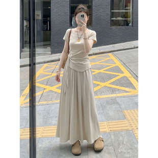 矮个子巨好看法式套装150cm显瘦设计感短袖上衣高腰宽松阔腿裤XS