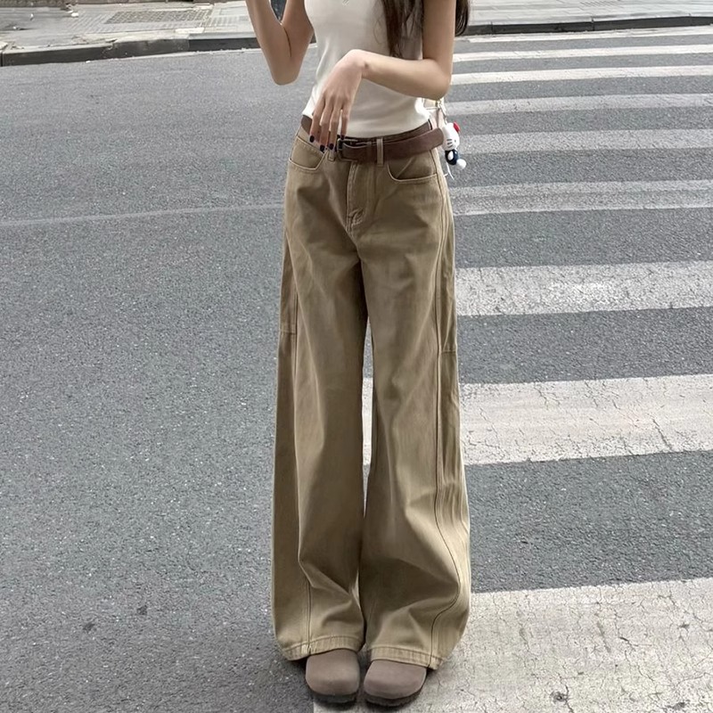 150小矮个子美式阔腿牛仔裤女夏季复古卡其拖地裤高腰宽松直筒裤