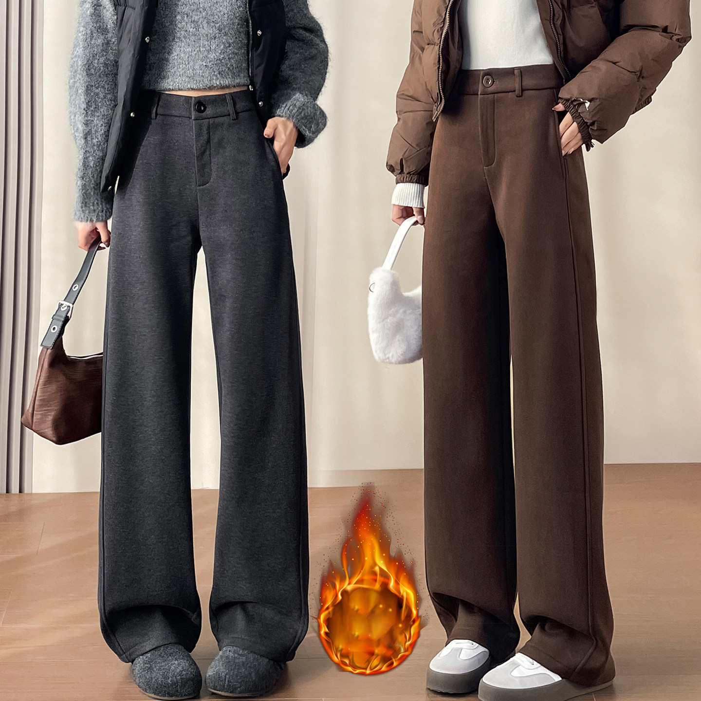 秋冬新款小个子慵懒休闲直筒裤145高腰加厚窄版阔腿裤垂感毛呢裤