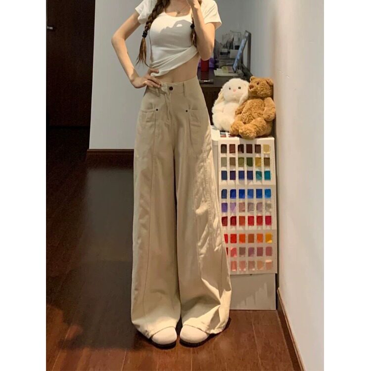 小个子米杏色休闲裤美式工装牛仔裤150CM高腰宽松直筒阔腿长裤XS