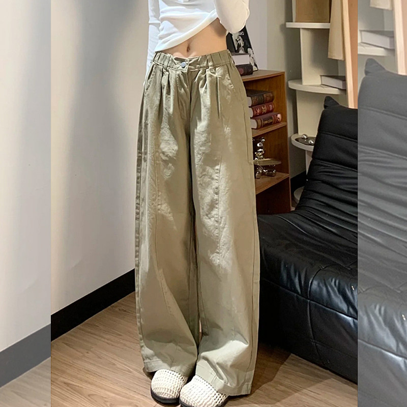 小个子美式卡其色阔腿牛仔裤女秋季145高腰弯刀工装裤休闲拖地裤