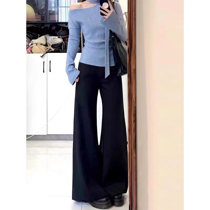 矮小个子黑色弹力微喇叭裤百搭显瘦150cm高腰垂感通勤西装休闲裤