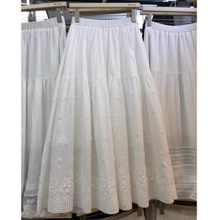 145小个子高腰垂感a字蛋糕长裙150镂空蕾丝刺绣白色半身裙女夏xs