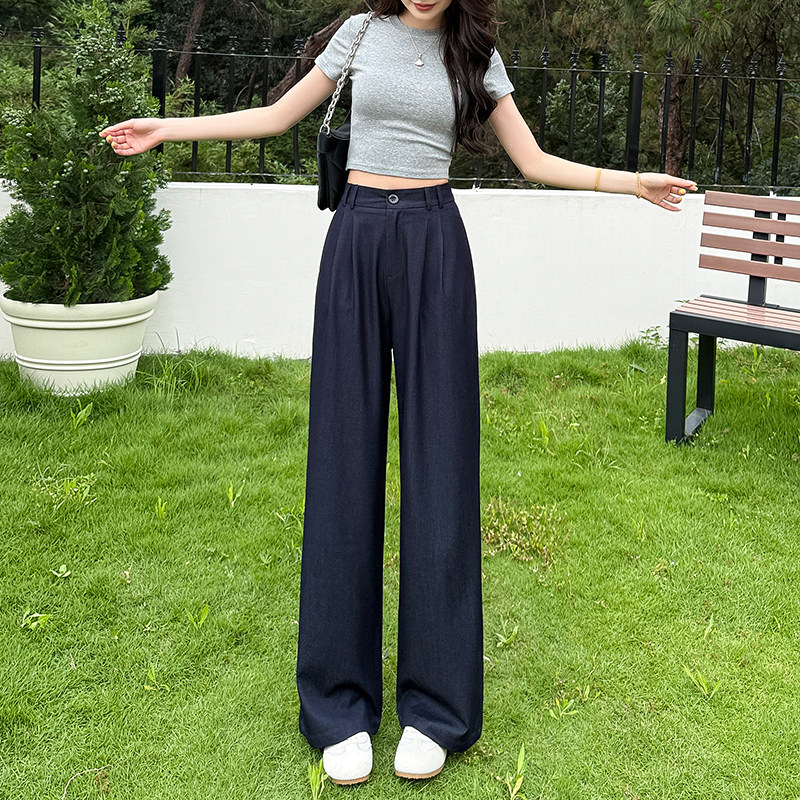 小个子藏青色阔腿裤显高高腰松紧九分长裤宽松显瘦百搭直筒休闲裤