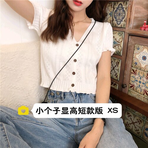 小个子穿搭145百搭v领缕空针织衫T恤女150宽松短袖短款衬衫上衣夏 - 封面