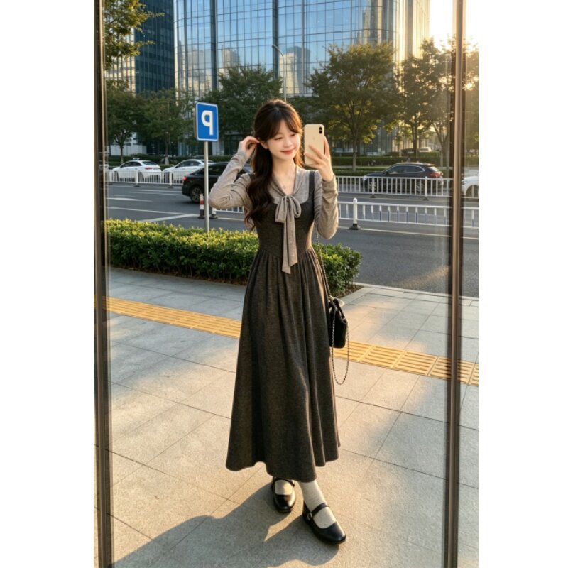 矮个子法式气质蝴蝶结长袖连衣裙收腰显瘦高级感吊带中长裙两件套