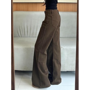 小个子美式辣妹咖色阔腿微喇牛仔裤显高低腰宽松显瘦喇叭拖地裤XS