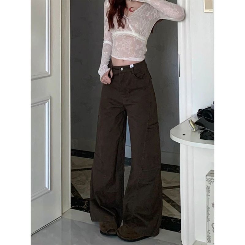 小个子美式咖色阔腿工装牛仔裤百搭145CM高腰宽松直筒休闲拖地裤