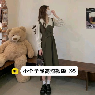 小矮个子假两件连衣裙中长款145cm娃娃领法式长袖收腰a字裙xs春秋