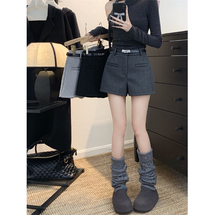 145小矮个子150秋冬高腰百搭显瘦辣妹毛呢A字休闲阔腿短裤靴裤XS