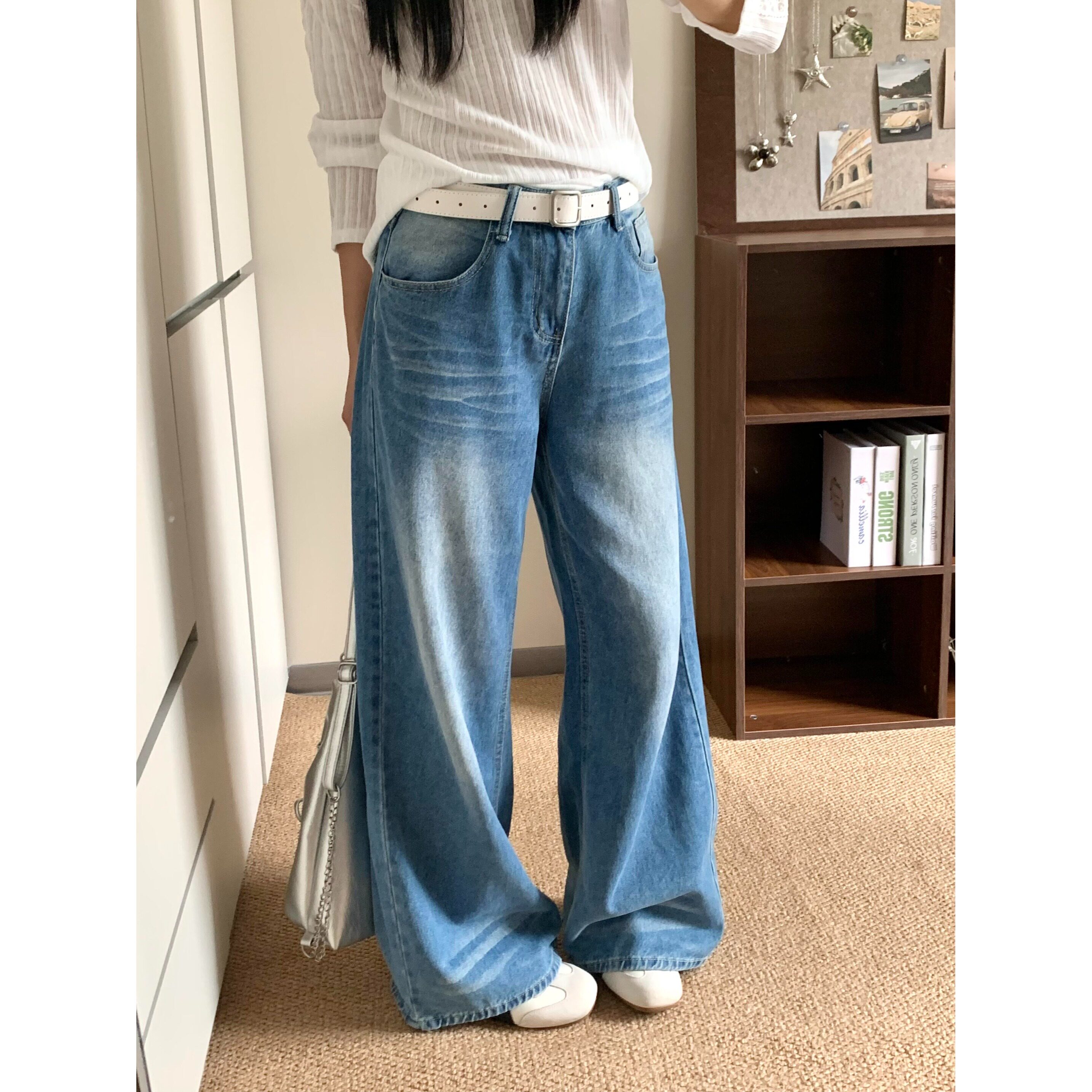 小个子美式复古浅色阔腿牛仔裤女新款秋季宽松显瘦垂感直筒拖地裤