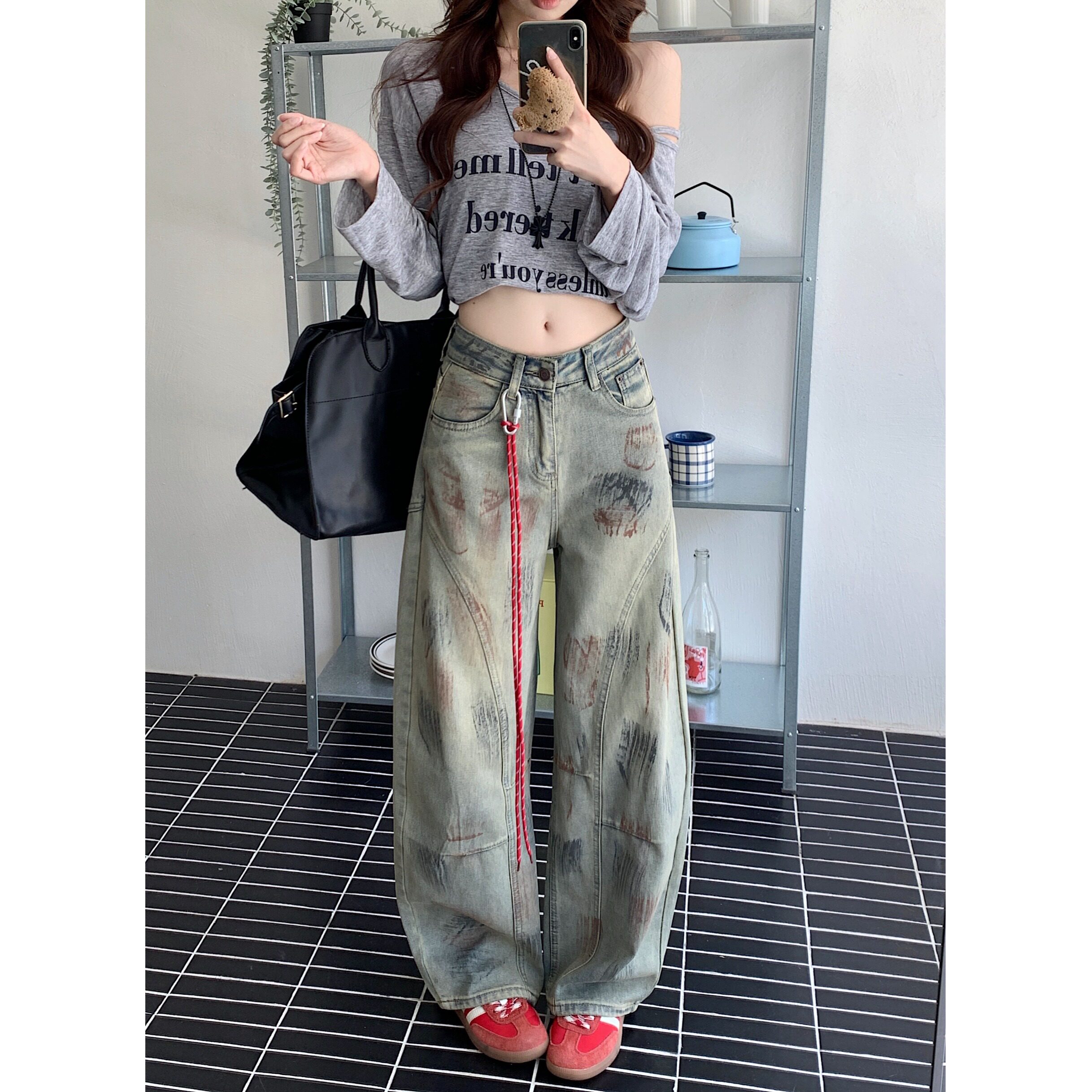 美式水洗脏染牛仔裤矮个子150CM高腰宽松设计感阔腿弯刀长裤潮XS