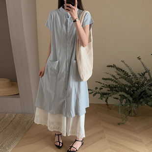 小个子蓝色条纹衬衫连衣裙法式150夏季韩版宽松中长裙松弛感叠穿