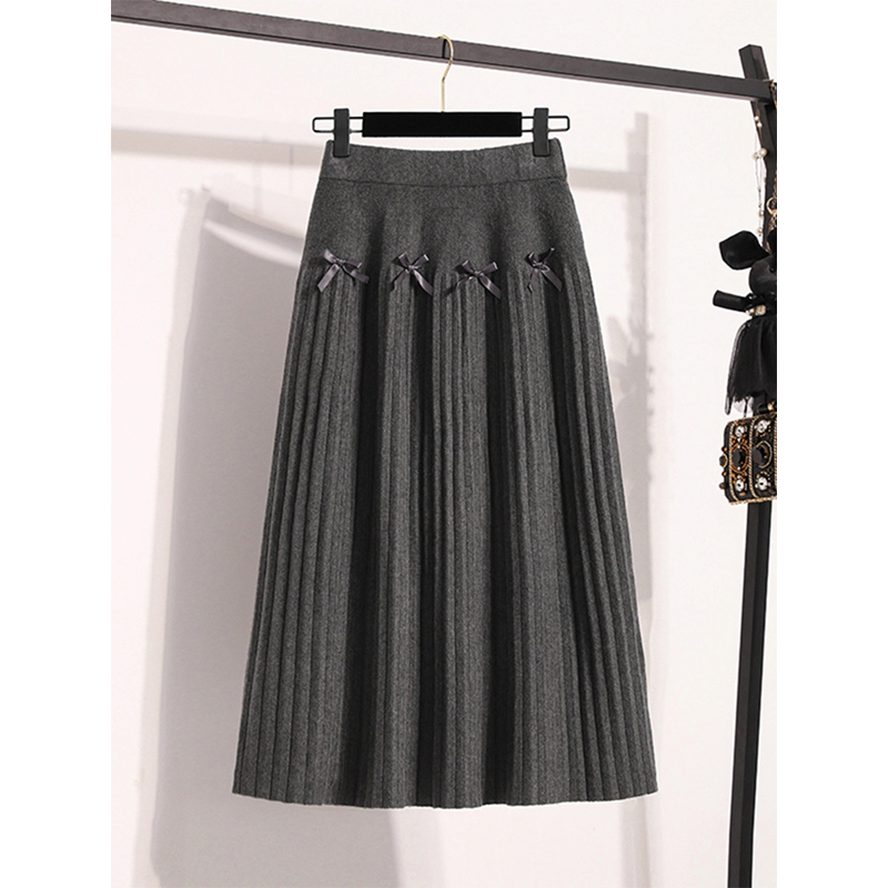 矮小个子145cm深灰色蝴蝶结系带针织半身裙高腰中长款a字百褶裙女