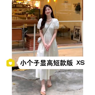 150小个子梨形身材遮肉绿色泡泡袖连衣裙子145夏季新款长裙xs码女