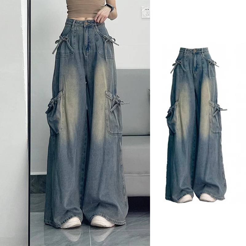 145矮小个子150美式复古蝴蝶结绑带牛仔裤多口袋显瘦阔腿长裤xs秋