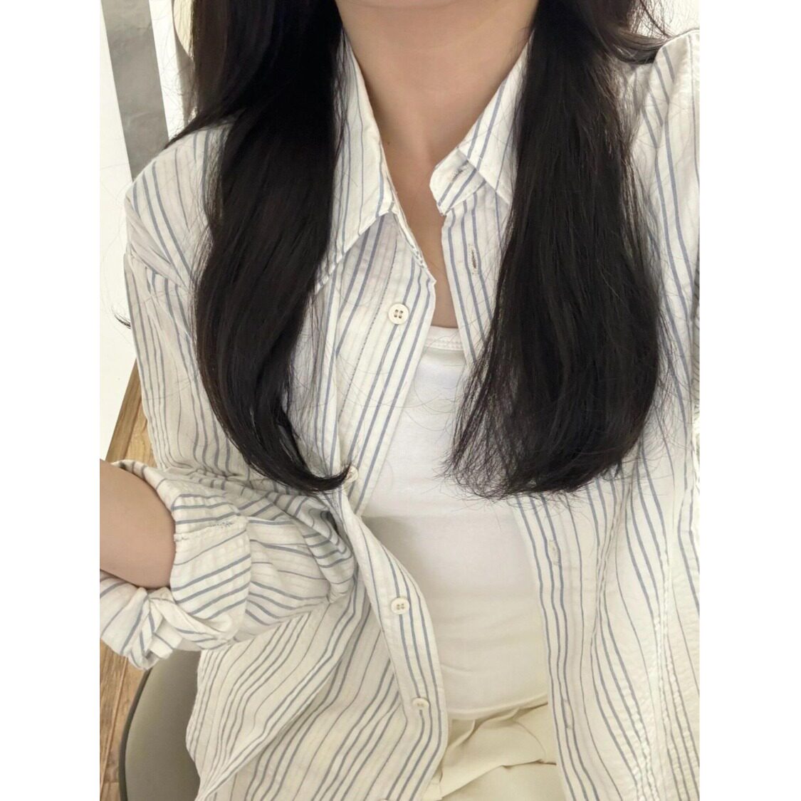 显瘦穿搭矮小个子防晒纯棉衬衫宽松百搭条纹小清新衬衣外穿上衣XS