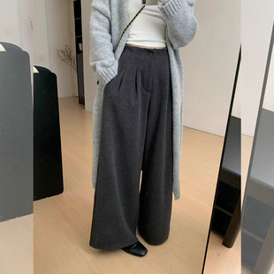秋冬新款小个子深灰色毛呢阔腿裤高腰显瘦宽松直筒休闲大脚裤子xs