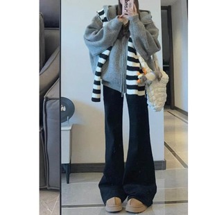 小个子美式黑色微喇阔腿牛仔裤百搭145CM低腰宽松显瘦喇叭拖地裤