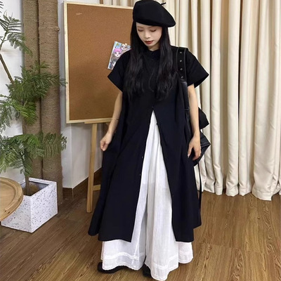 150cm小矮个子复古日系长款黑色衬衫连衣裙高级感叠穿中长裙女xs