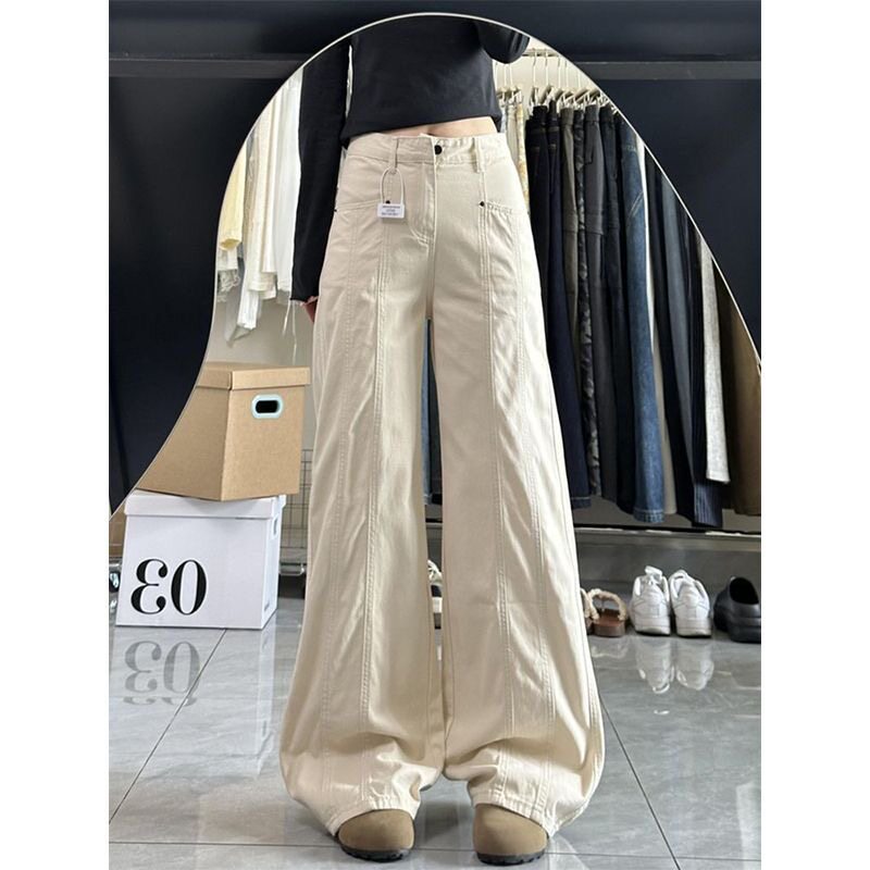 矮小个子米杏色直筒休闲工装牛仔裤145低腰美式复古宽松阔腿长裤