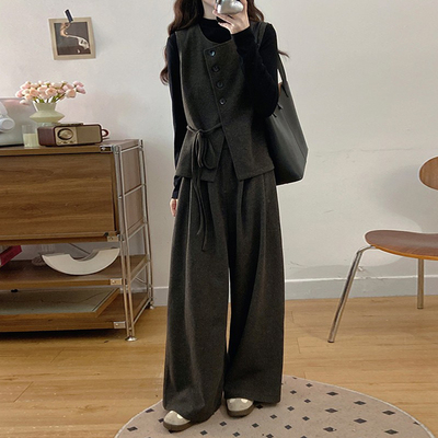 小个子韩风chic一整套早春马甲打底衫女春季御姐穿搭收腰阔腿裤XS