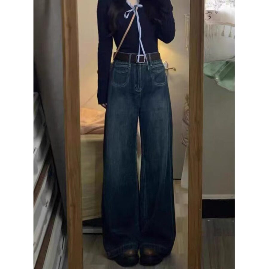 小个子深蓝色复古阔腿牛仔裤百搭显瘦150高腰宽松直筒拖地长裤XS